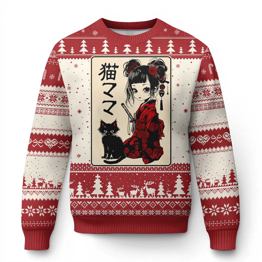 Red ugly Christmas sweater with anime cat and samurai graphic panel