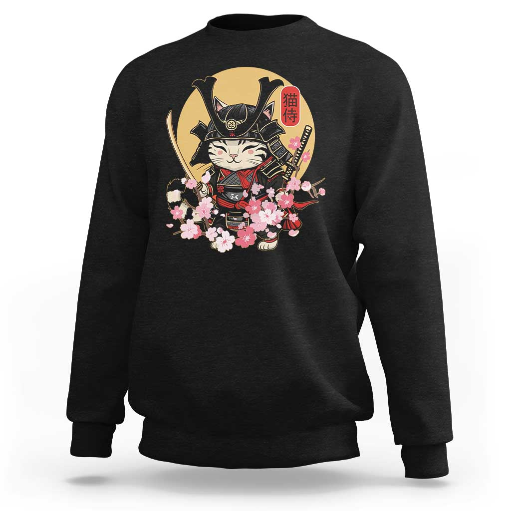 Black samurai cat graphic sweatshirt with armored kitten and pink cherry blossoms