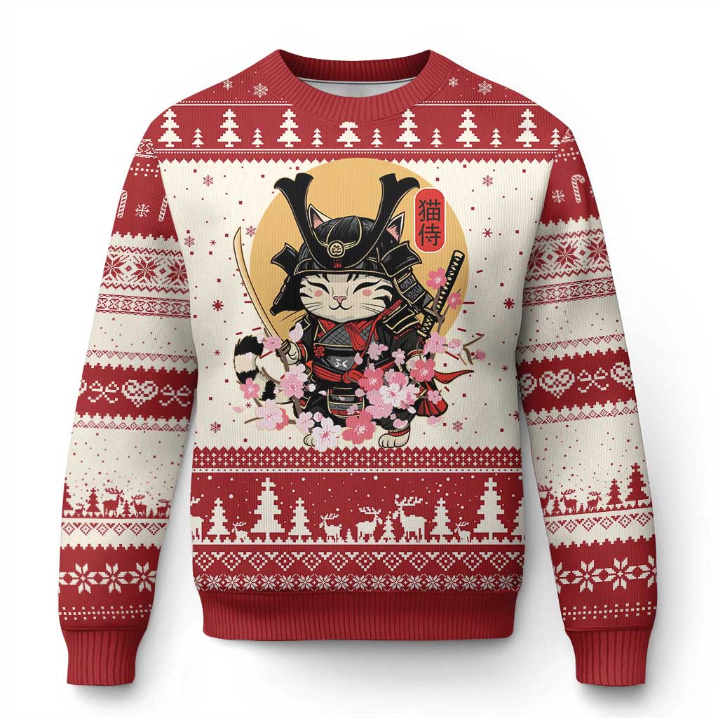 Red ugly Christmas sweater with cat samurai graphic, holiday knit pattern and long sleeves