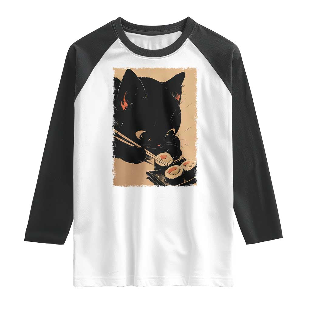 Kawaii Cat Eating Sushi Raglan Shirt Japanese Anime Manga Otaku Retro Vintage Graphic