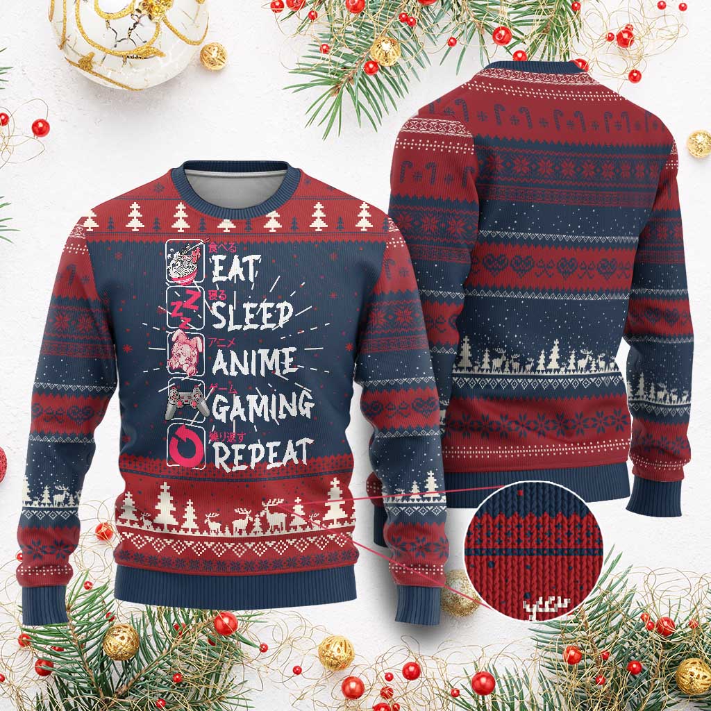 Eat Sleep Anime Gaming Repeat Ugly Christmas Sweater Otaku Gamer Manga Lover Japanese Pop Culture - Wonder Print Shop