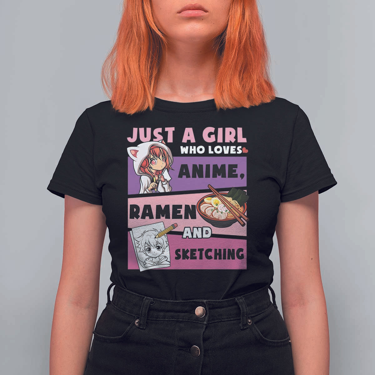 Just A Girl Who Loves Anime Ramen And Sketching T Shirt For Women Cute Japan Kawaii Otaku Manga Lover - Wonder Print Shop