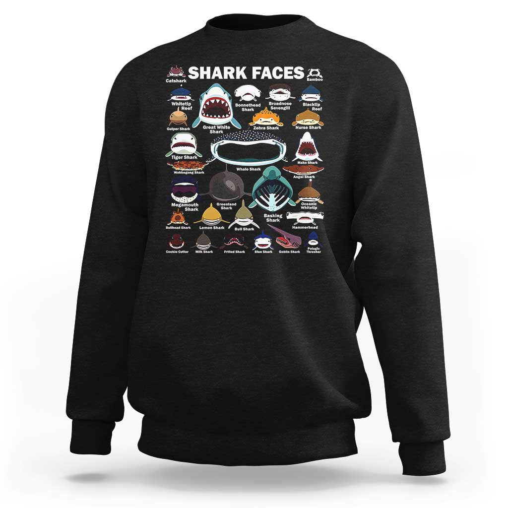 Black crewneck sweatshirt with SHARK FACES shark chart graphic on the front