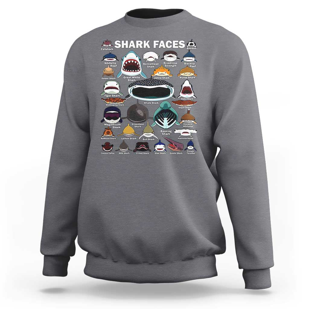 Charcoal gray crewneck sweatshirt with shark identification graphic collage on front
