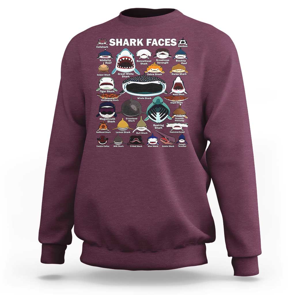 Maroon crewneck sweatshirt with SHARK FACES shark chart graphic on the front
