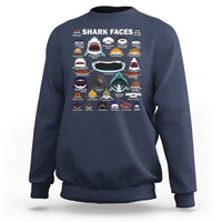 Navy crewneck sweatshirt with SHARK FACES shark chart graphic on the front