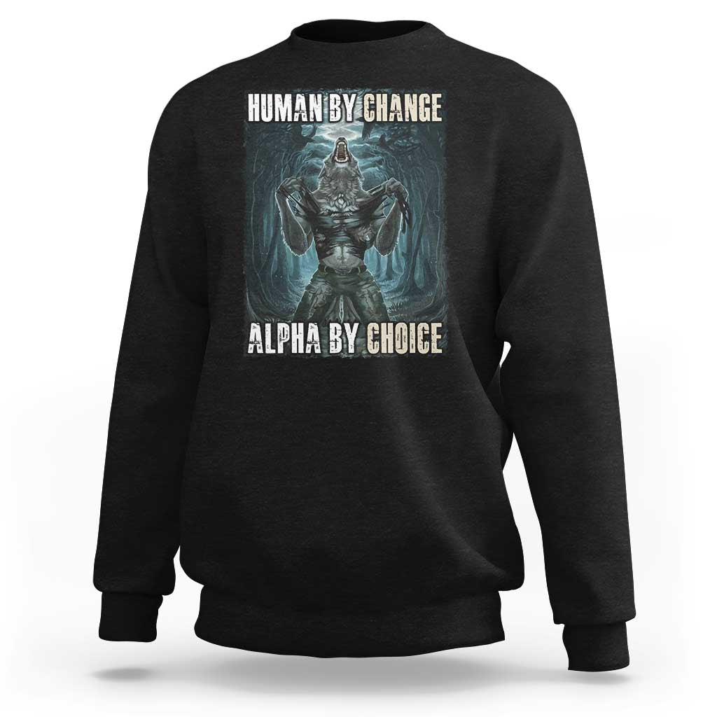Black crewneck sweatshirt with wolf warrior graphic and “HUMAN BY CHANGE” text on back