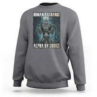 Charcoal crewneck sweatshirt with wolf warrior graphic and “HUMAN BY CHANGE” text on back