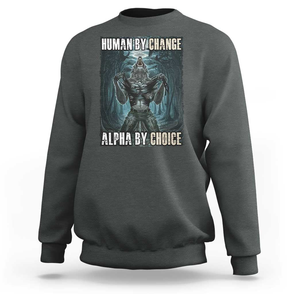 Dark heather crewneck sweatshirt with wolf warrior graphic and “HUMAN BY CHANGE” text on back