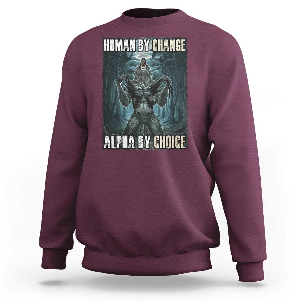 Maroon crewneck sweatshirt with wolf warrior graphic and “HUMAN BY CHANGE” text on back