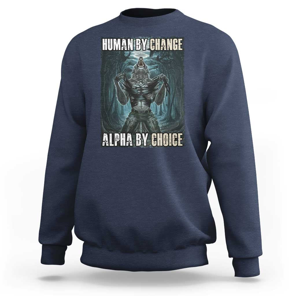 Navy crewneck sweatshirt with wolf warrior graphic and “HUMAN BY CHANGE” text on back