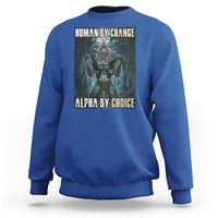 Royal blue crewneck sweatshirt with wolf warrior graphic and “HUMAN BY CHANGE” text on back