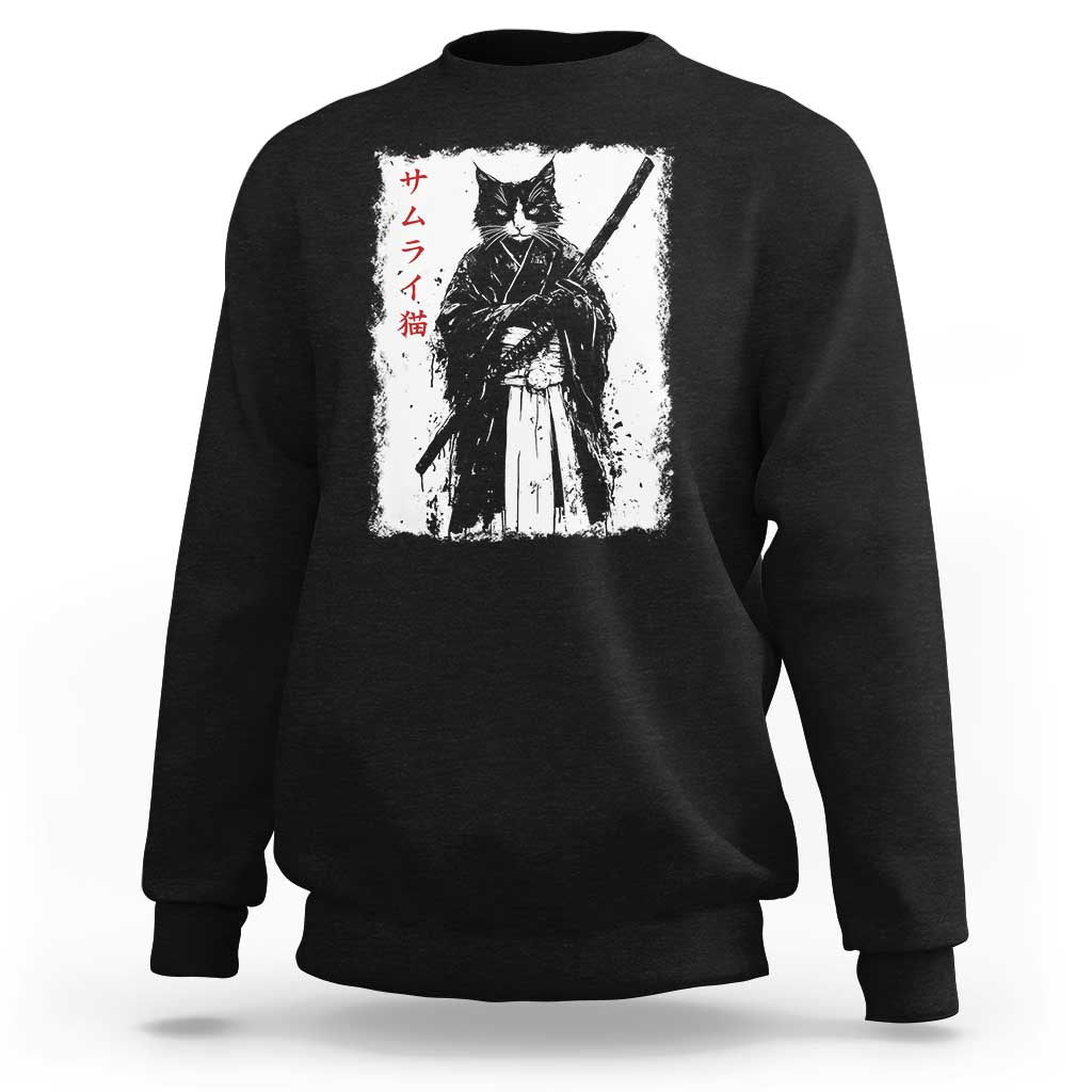Black crewneck sweatshirt with back samurai cat ink graphic