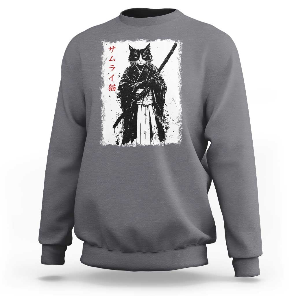 Charcoal crewneck sweatshirt with back samurai cat ink graphic