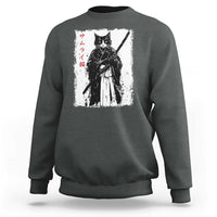 Dark heather crewneck sweatshirt with back samurai cat ink graphic