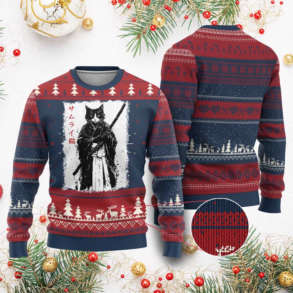 Japanese Samurai Cat Ugly Christmas Sweater Retro Vintage Ukiyo-e Warrior Art Graphic - Wonder Print Shop