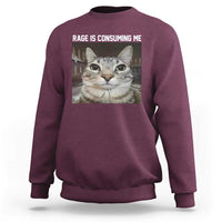 Maroon crewneck sweatshirt with cat graphic and 'RAGE IS CONSUMING ME' text on chest.