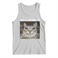 Light gray cat meme tank top with printed face and headline graphic