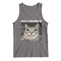 Heather gray cat graphic tank top with sleeveless crew neck and rage text