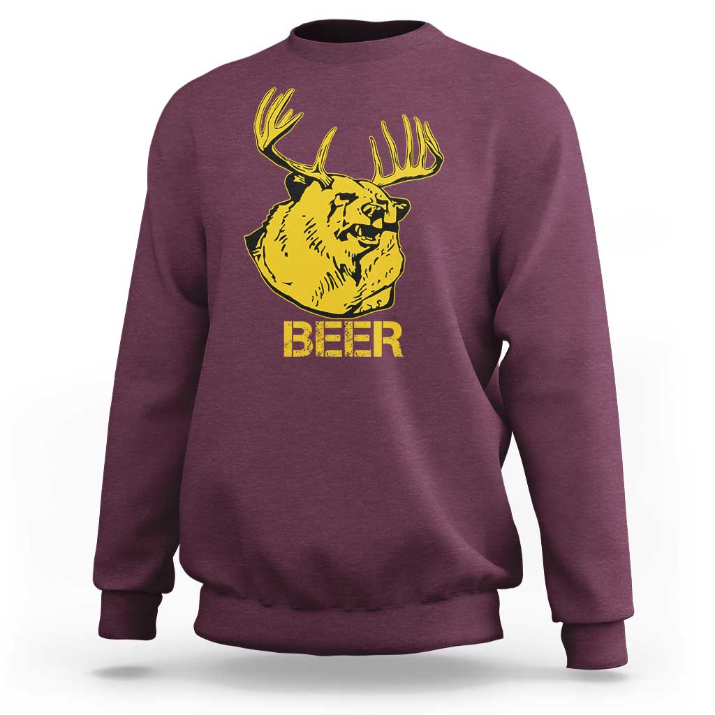Maroon crewneck sweatshirt with yellow deer head and antlers graphic, “BEER” text