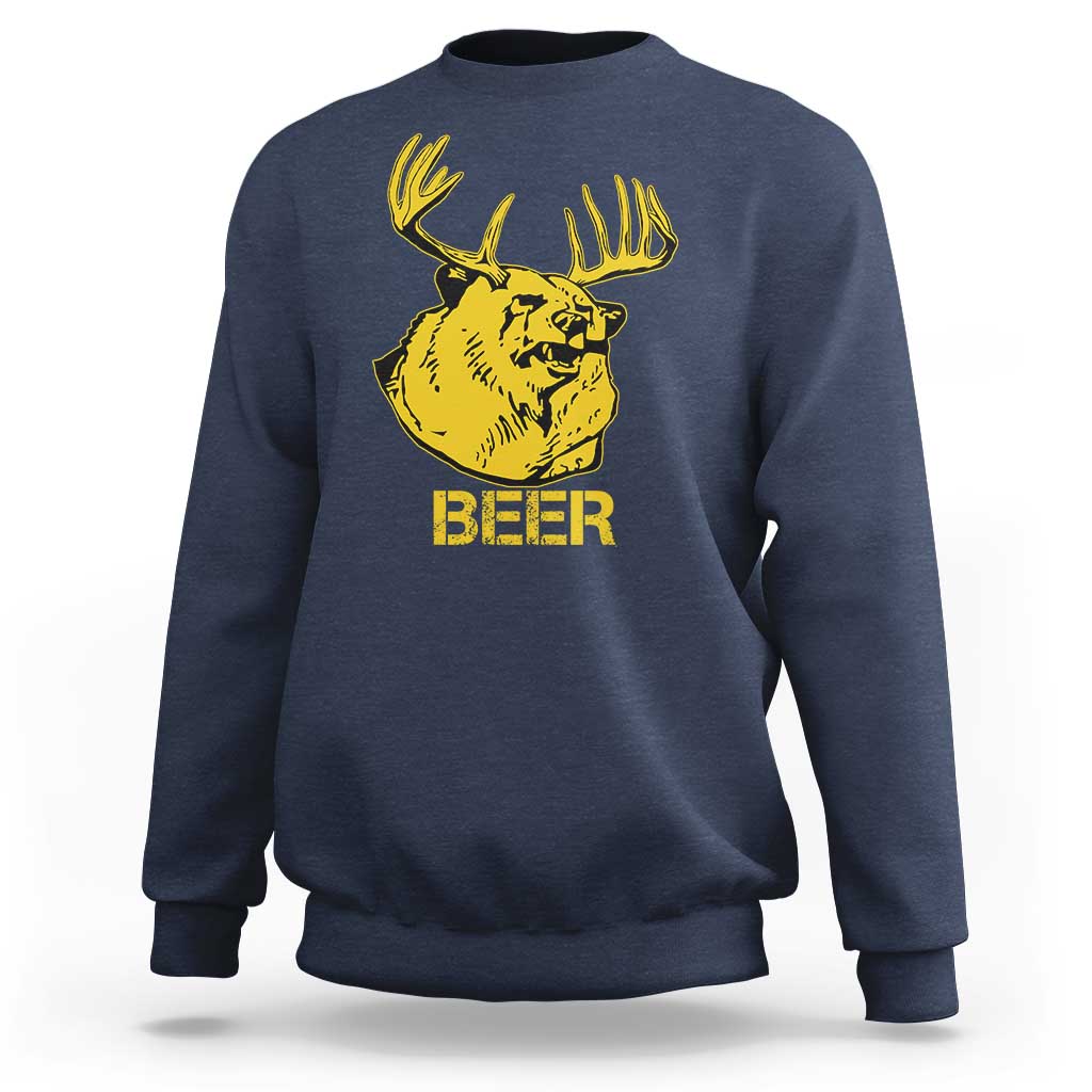 Navy crewneck sweatshirt with yellow deer head and antlers graphic, “BEER” text