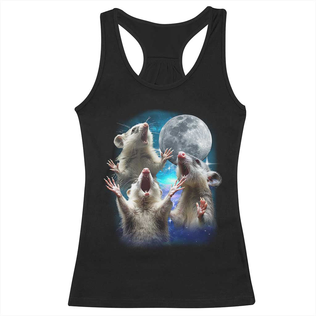 Funny Opossum Meme Racerback Tank Top Three Possum Screaming Under The Moon Weird Cursed Meme