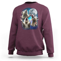 Maroon crewneck sweatshirt with three opossums under-moon graphic.