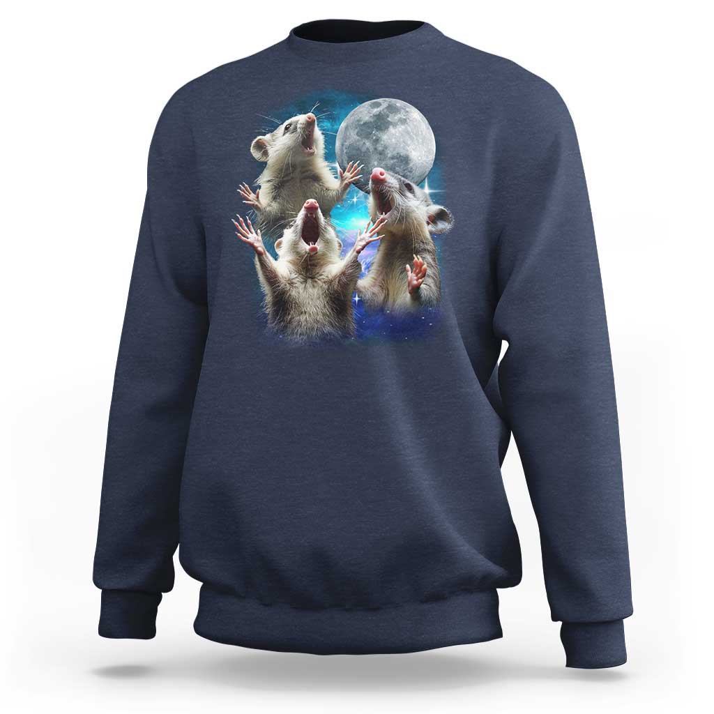 Navy crewneck sweatshirt with three opossums under-moon graphic.