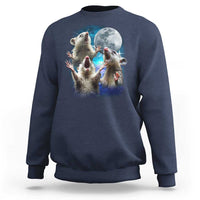 Navy crewneck sweatshirt with three opossums under-moon graphic.
