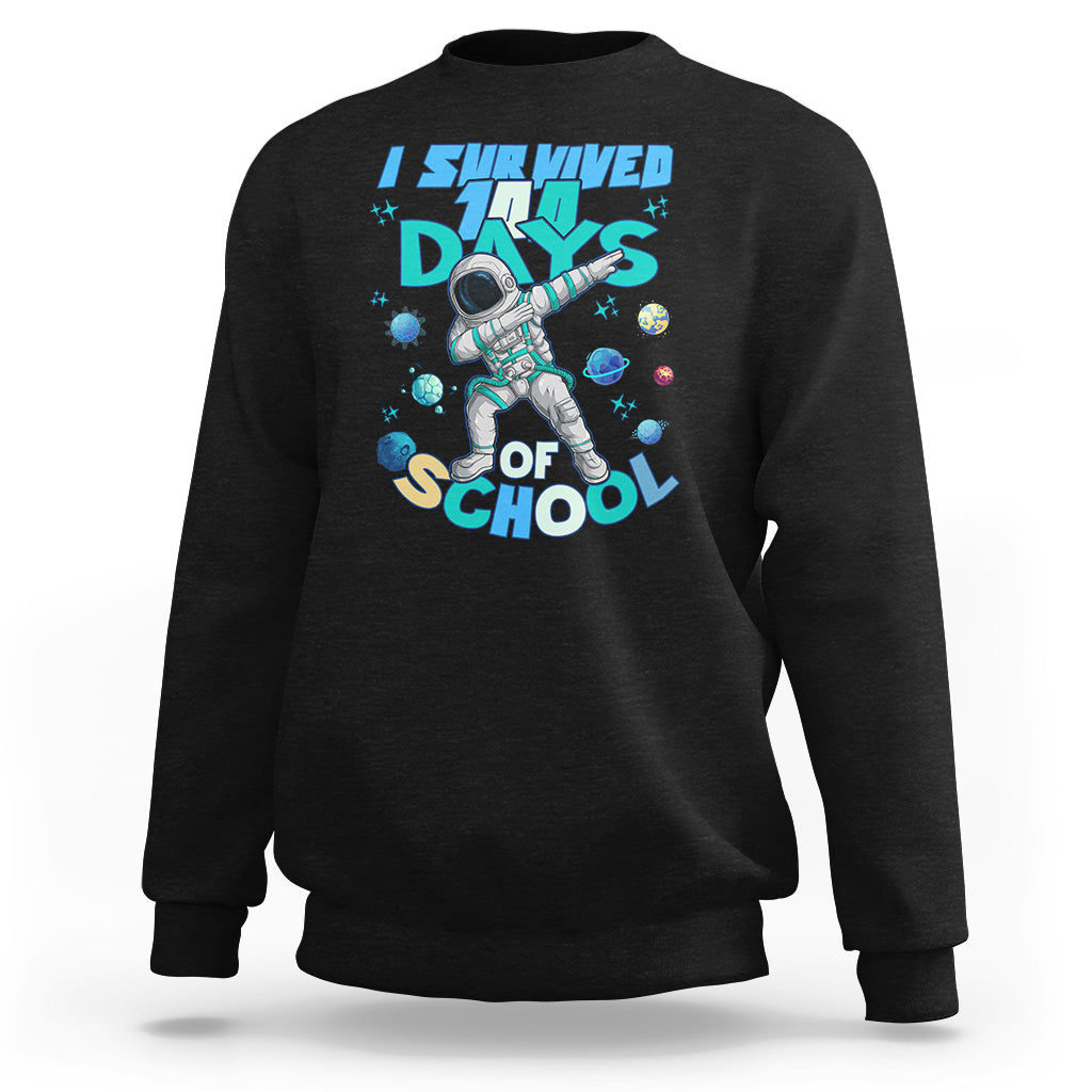Black crewneck sweatshirt with astronaut dabbing graphic, school days print