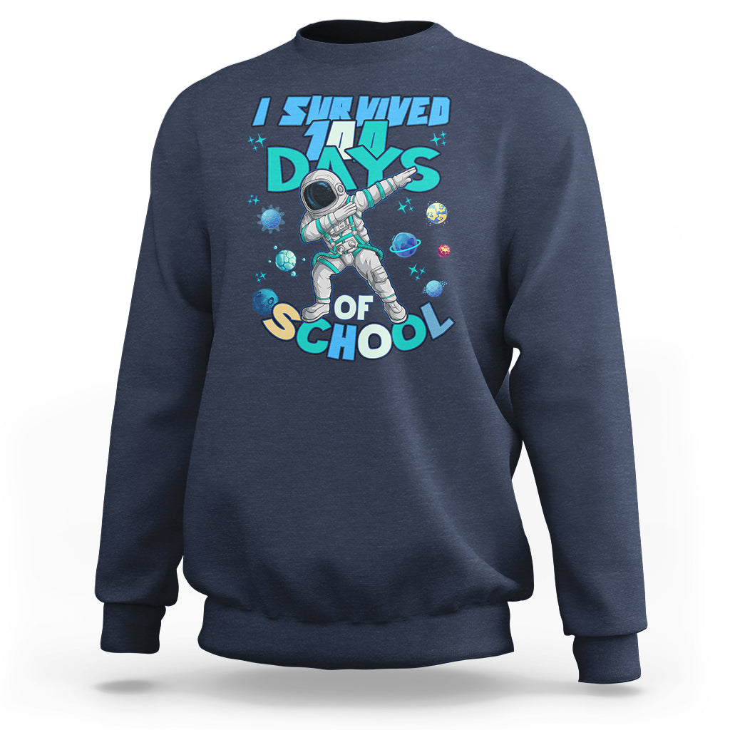 Navy crewneck sweatshirt with astronaut dabbing graphic and school days print
