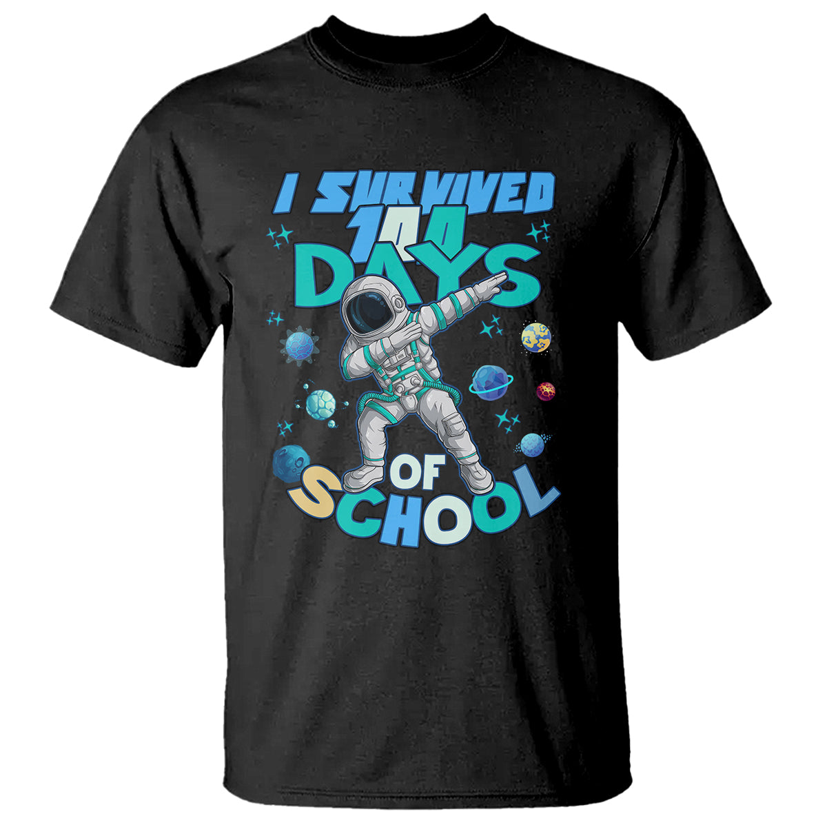Black kids astronaut graphic T-shirt with space-themed “Days of School” print.