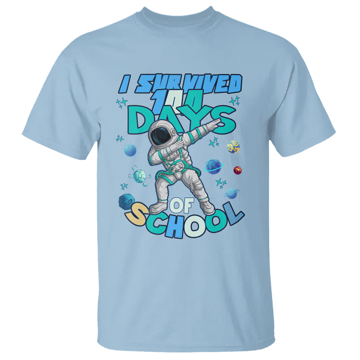 Light blue kids astronaut graphic T-shirt with space-themed “Days of School” print.