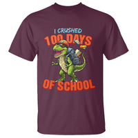 Maroon dinosaur graphic T-shirt with 'I Crushed 100 Days of School' front print