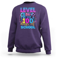 Purple kids gamer sweatshirt with 'LEVEL 100 days of school' game controller graphic