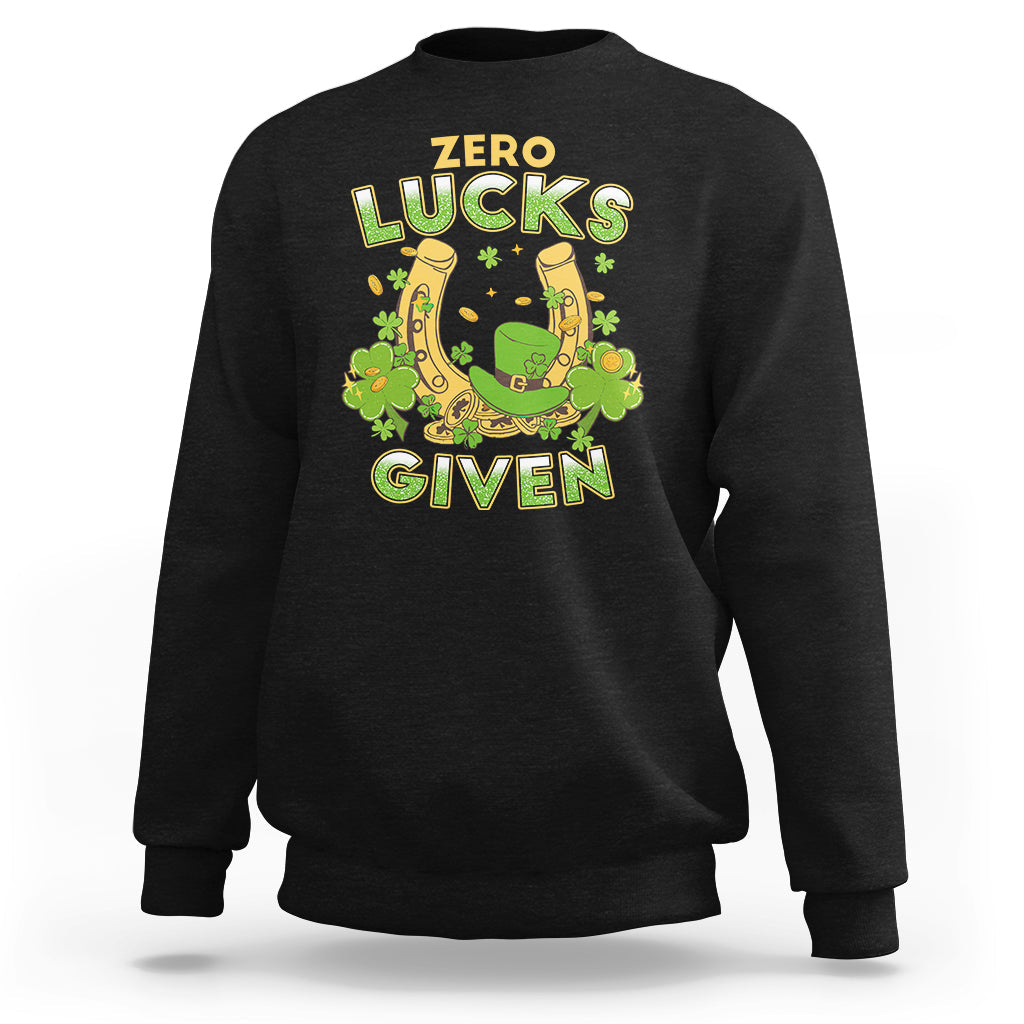 Black sweatshirt with “Zero Lucks Given” shamrock graphic at the chest