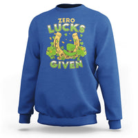 Royal blue sweatshirt with “Zero Lucks Given” shamrock graphic at the chest