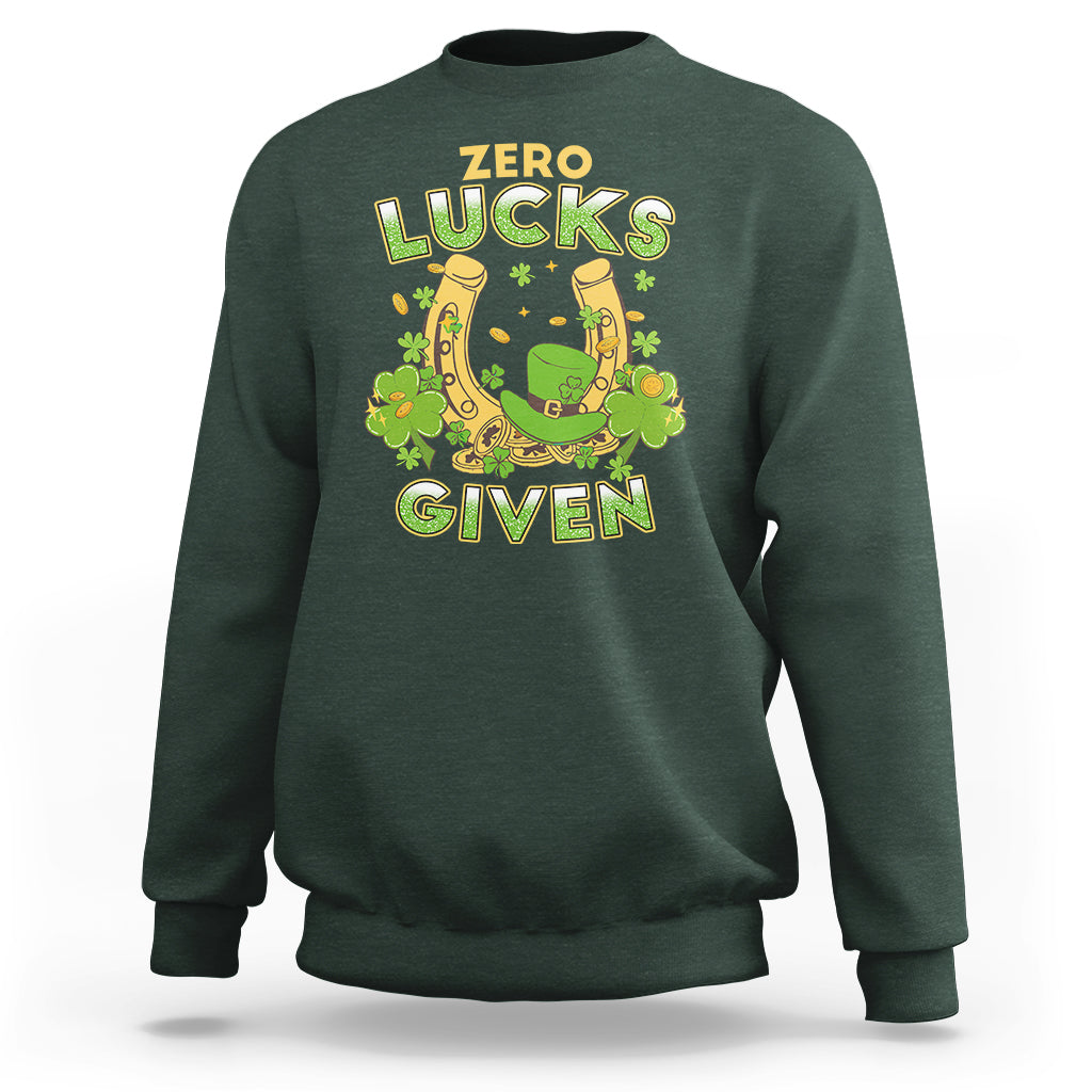 Forest green sweatshirt with “Zero Lucks Given” shamrock graphic at the chest