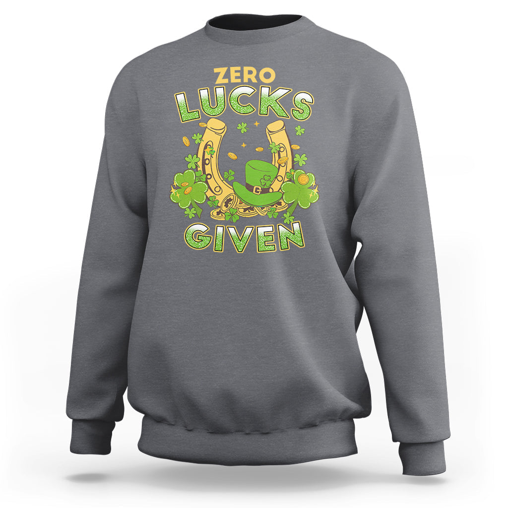 Charcoal sweatshirt with “Zero Lucks Given” shamrock graphic at the chest