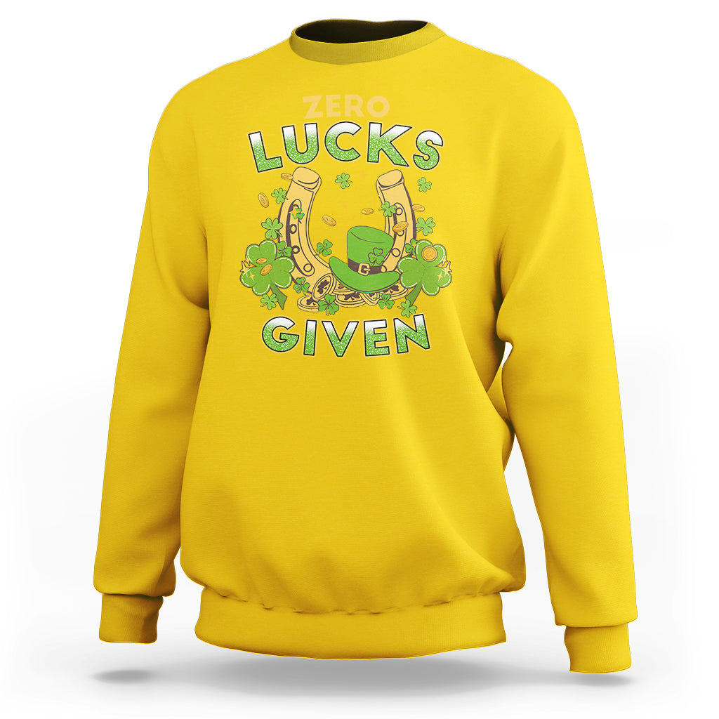 Daisy yellow sweatshirt with “Zero Lucks Given” shamrock graphic at the chest