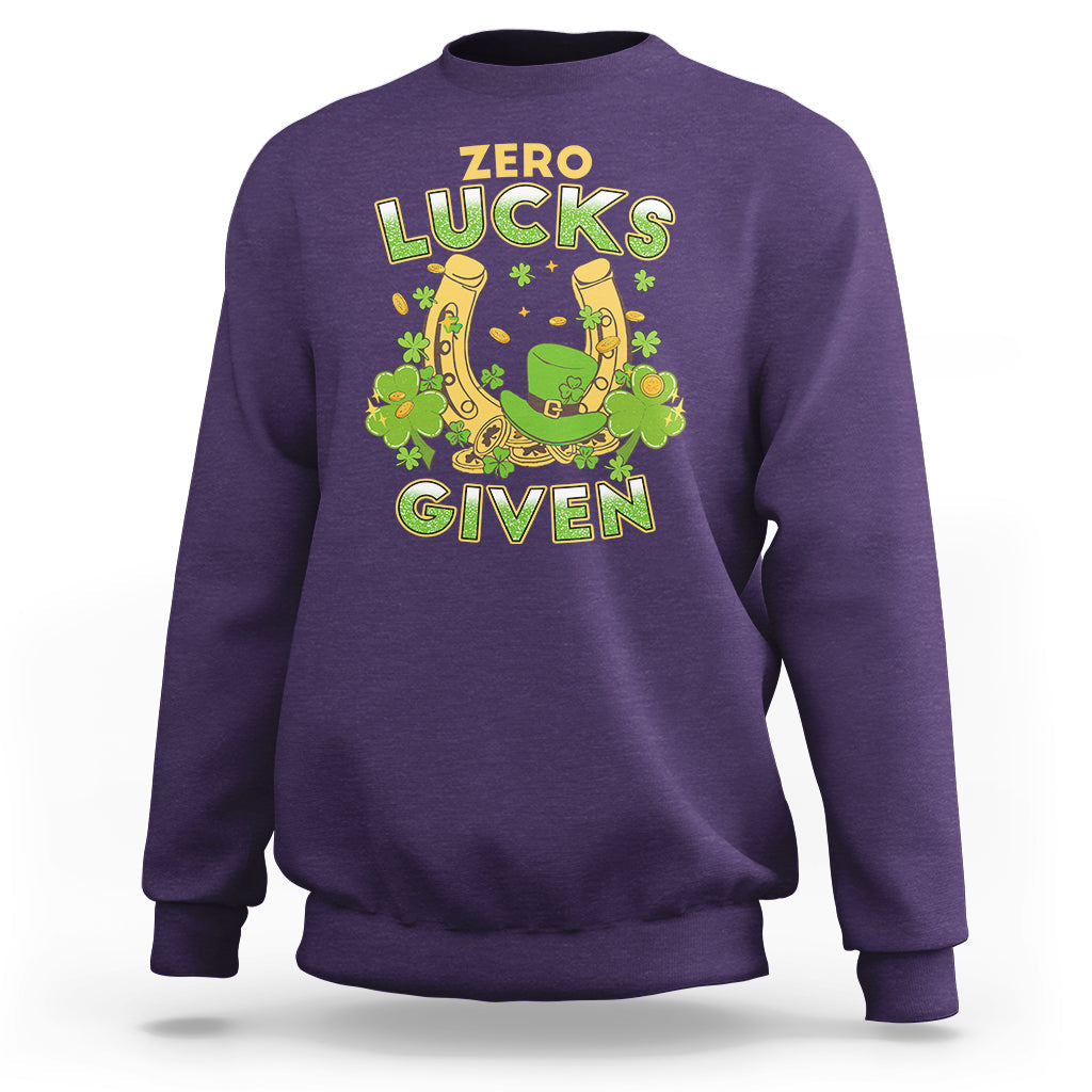 Purple sweatshirt with “Zero Lucks Given” shamrock graphic at the chest