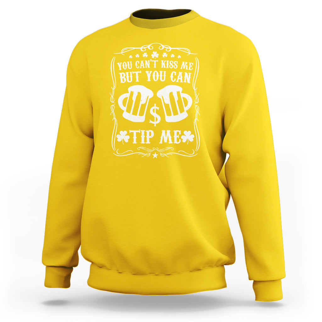 Yellow sweatshirt with white money-bag graphic and text: "You can't kiss me" "tip me".