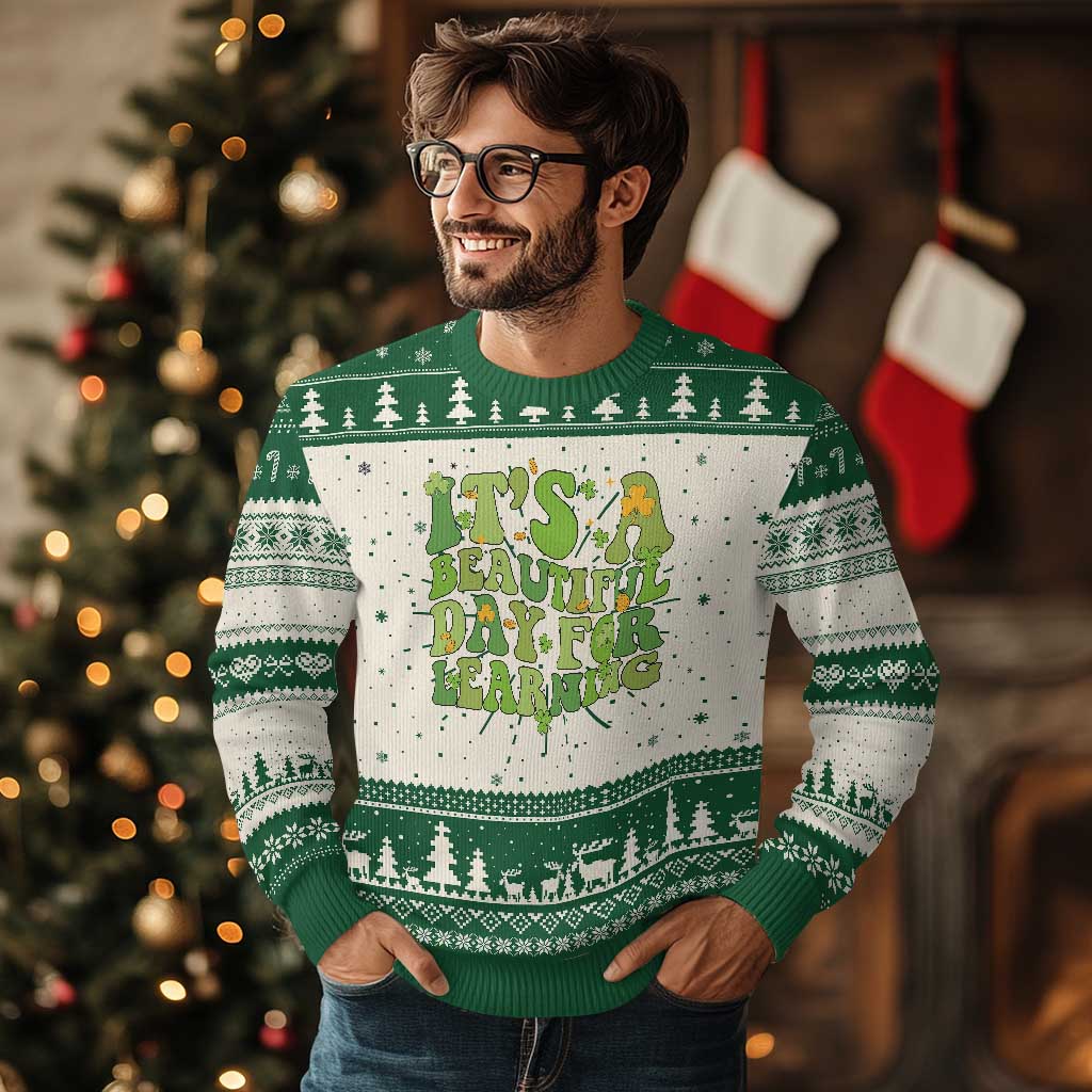 Funny St Patricks Day Knitted Sweatshirt It's Beautiful Day For Learning Students
