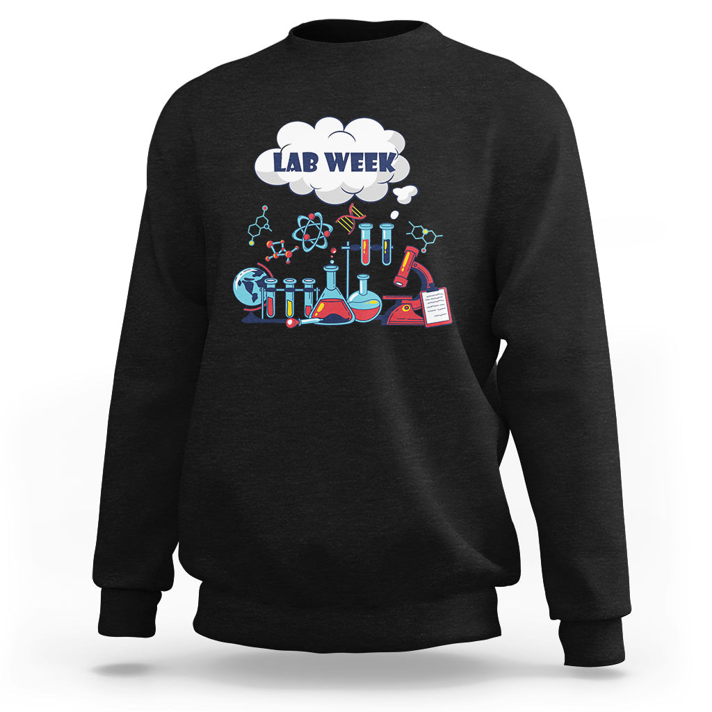 Black lab-themed sweatshirt with 'LAB WEEK' science beaker graphic