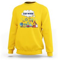 Daisy yellow lab-themed sweatshirt with 'LAB WEEK' science beaker graphic
