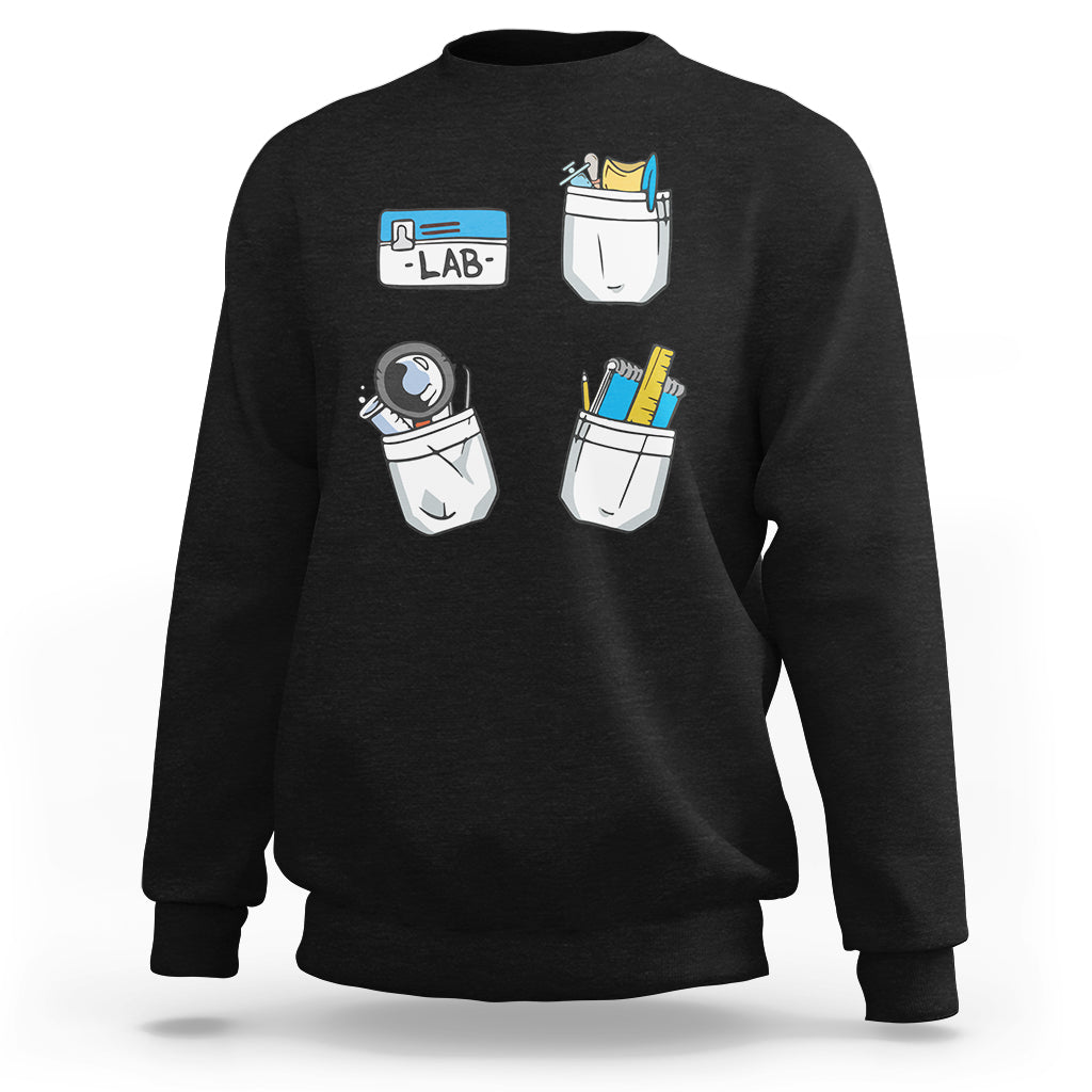 Black crewneck sweatshirt with lab tech graphic on front