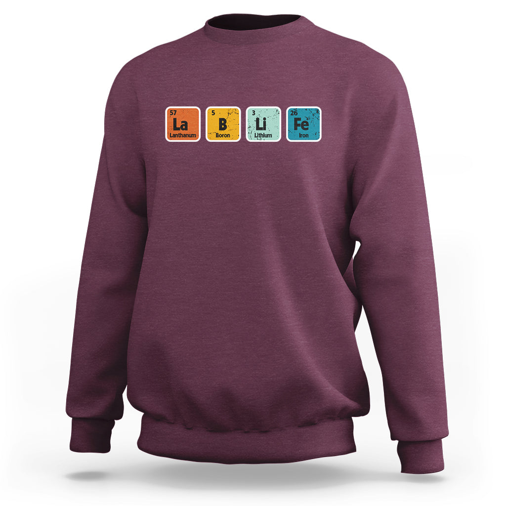 Maroon crewneck sweatshirt with periodic table chemistry print on chest