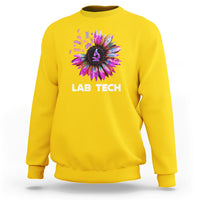 Yellow lab tech sweatshirt with colorful sunflower burst graphic and white “LAB TECH” text