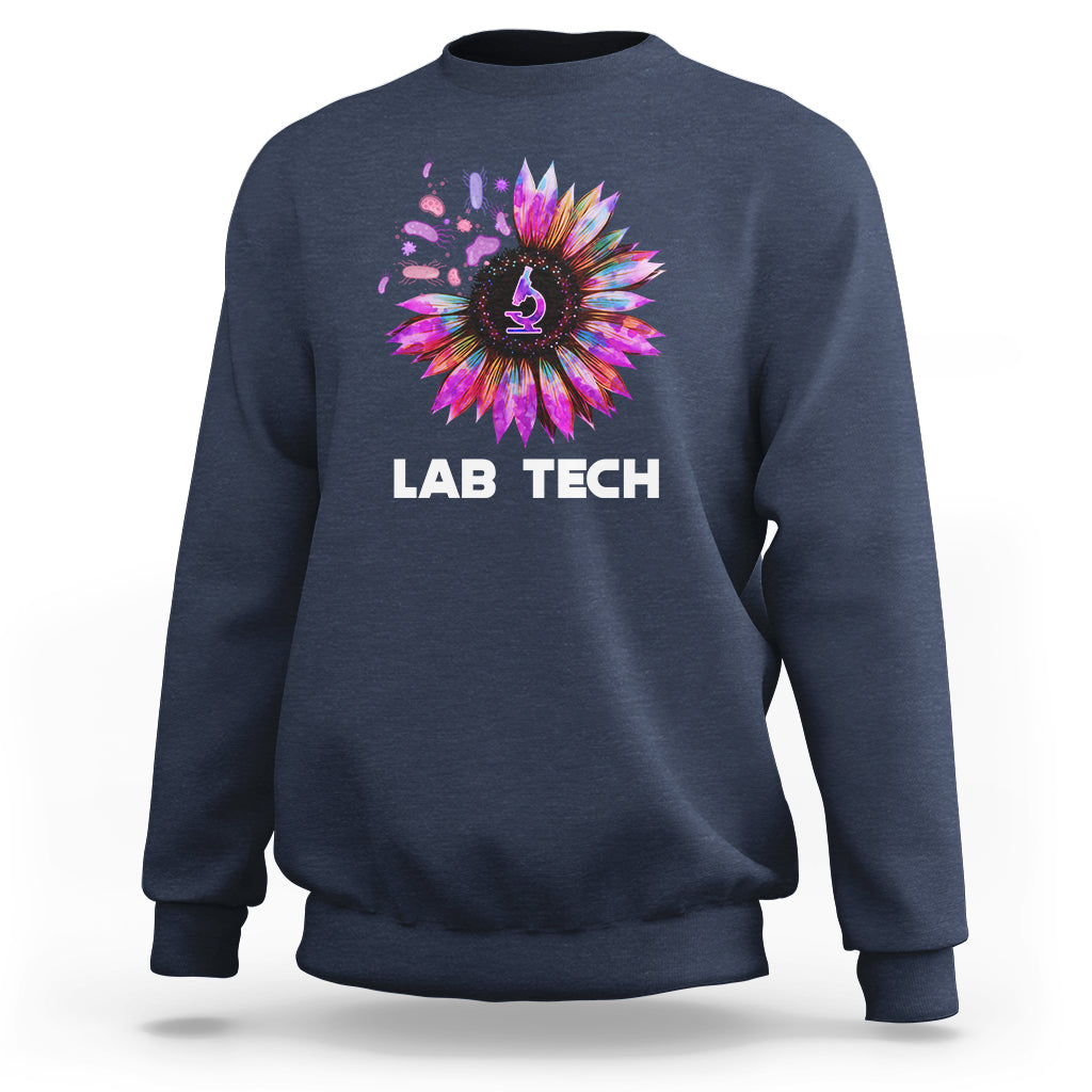 Navy lab tech sweatshirt with colorful sunflower burst graphic and white “LAB TECH” text