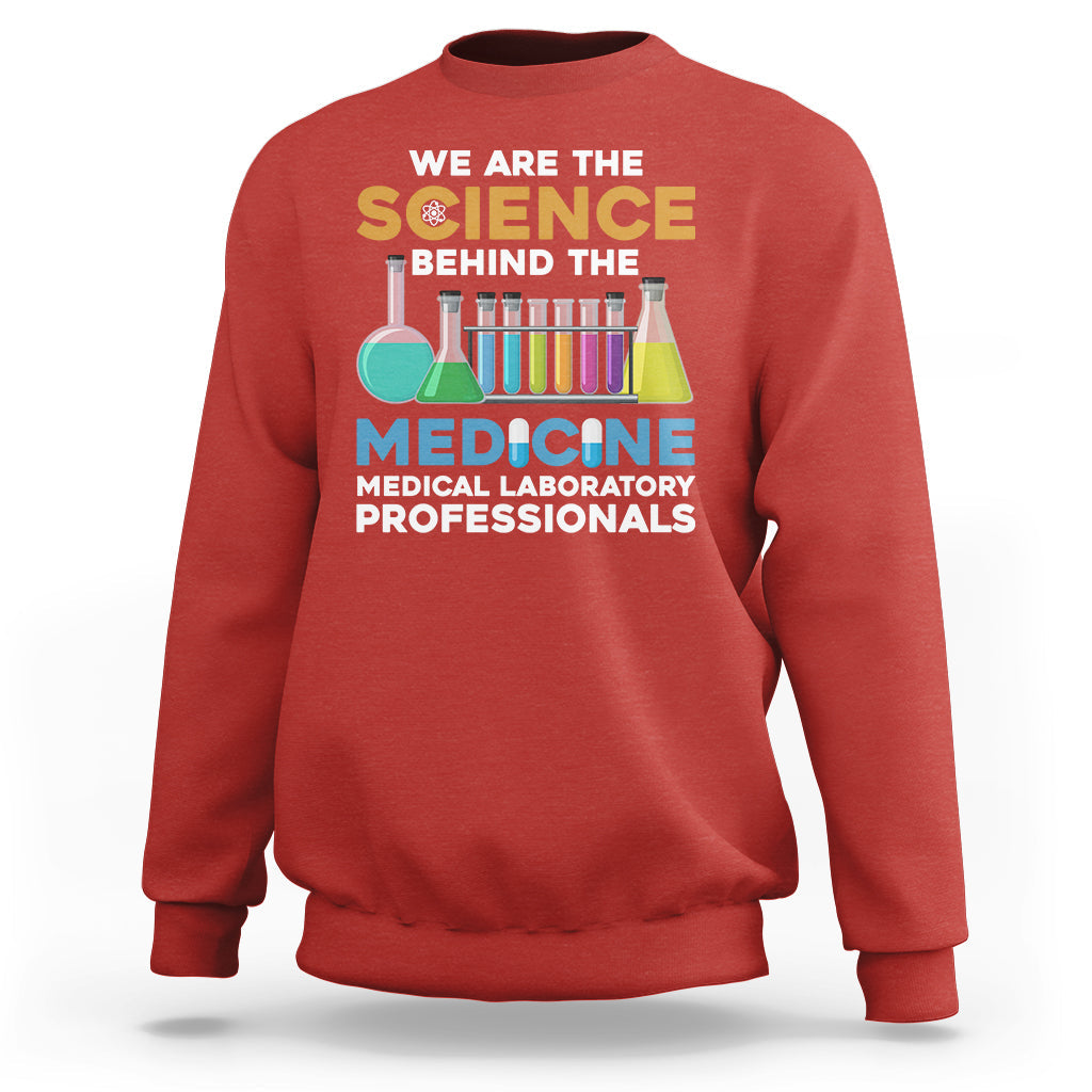 Red medical lab tech sweatshirt with colorful science and medicine graphic